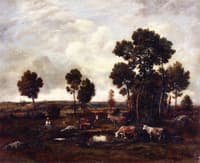 Four Cows and one Woman by a Pond