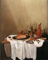 A Ham on a Pewter Plate, a Peeled Lemon, Various Jugs and Glasses, all on a Partially Draped Table