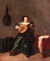 An Elegant Lady in a Green Dress Playing a Lute in an Interior