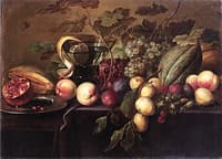 Plums, Peaches, Grapes, Melons, a Half Pomegranate and a Peeled Lemin in a Glass....
