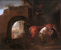A Blacksmith on the Outskirts of a City Wall, an Italianate River Landscape Beyond the Archway