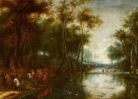 A Procession of Cavalry Passing through a Wood beside Fishponds