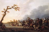 A Cavalry Skirmish with Horsemen Retreating into a River to the Left