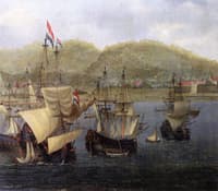 Four VOC Three-Masters at Anchor in front of a Colonial Fortress