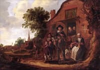 A Music Merchant Surrounded by a Group os Villagers in front of a Farm House