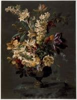 An urn ornamented with the astrological symbol for Pisces contains an arrangement of flowers