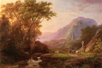 A Mountainous Summer Landscape with Cattle and a Church beyond
