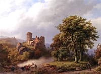 Figures and Cattle on a Path in a Wooded Landscape with a Castle Ruin beyond