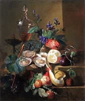 An Opulent Still Life of Oysters, a Lemon, Pomegranate and a Crystal Wine Cup