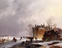 A Winter Landscape with Skaters on a Frozen Lake near a Castle