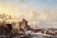 Ice Skaters near a Dutch Lakeside Village