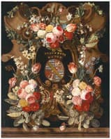 A flower garland around a stone cartouche with a coat-of-arms