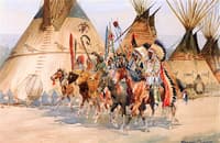 Indian Chiefs Carrying Ceremonial Standard, Riding Past Wigwams