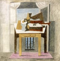 Fruit Dish, Bottle and Guitar in front of a Window
