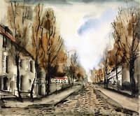 Village Street Lined with Trees
