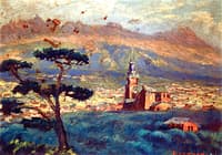 View to a Town with Mountains in the Distance