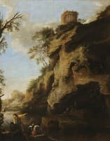 A Rocky Coast, with Soldiers Studying a Plan