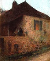 Maison du Lot l'été au couver du soleil sous l'auvent, un berceau et une grand-mère assise