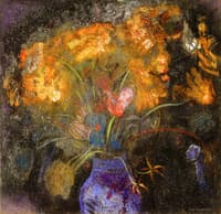 Orange Flowers in a Blue Vase on a Black Background