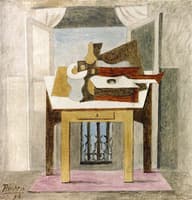 Fruit Bowl, Bottle, Guitar by an Open Wiindow