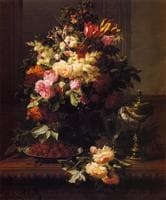 A Still Life of Roses, Tulips and other Flowers on a German Compote, a Plate of Raspberries, a Glass and a German Silver-gilt Nautilus Cup on a Table