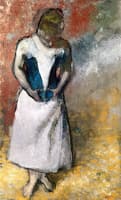 Woman Standing Facing Forward Fastening Her Corseet
