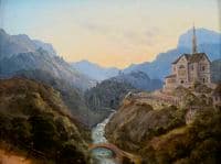 Mountainous Landscape with a River Valley and an Abbey at Evening Light