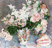 White Flowers in a Rockery Vase and Shells