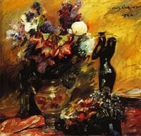 Calla Lilies and Lilacs with a Bronze Figurine