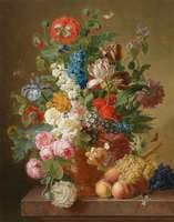 Peonies, Roses, Tulips, an Iris and Other Flowers in an Alabaster Vase on a Stone Ledge with Fruit