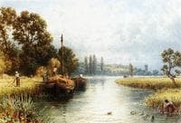 Loading the Hay Barges, with a Young Woman Taking Water from the River in the Foreground