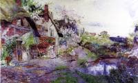 An English Idyll, Figures outside a Thatched Cottage