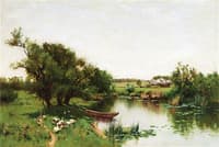 Geese by a Woodland Pond with Moored Boat