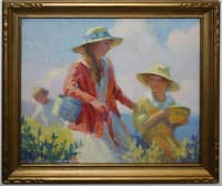 Mother and Daughter with Baskets of Blueberries