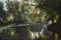 View of a forest lake with an angler and his family
