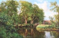 Forest scenery with a house by a stream