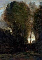 Twilight: Landscape with Tall Trees and a Female Figure