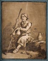 A blind beggar holds out his hat for money