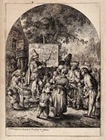 A crowd gathered around a mountebank who points to a banner