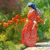 Woman in Red Dress in Garden with Poppies