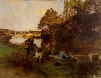 River Scene with Five Figures and a Boat
