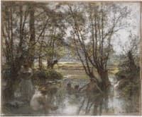 Women and Children Bathing in a River