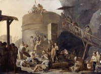Beggars assemble beside a Lime Kiln