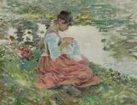 Girl Sewing by River