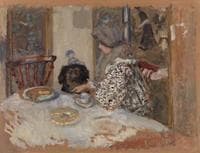 Woman and Dog at a Table