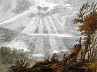 Landscape with sun breaking from clouds