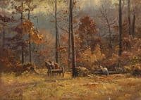 Woodcutters with Horses in Woods, autumn