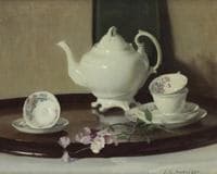 Still life of a china tea service on an oval tray