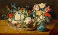 Still life with flowers in a wicker basket and bunch of flowers in a porcelain vase