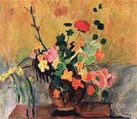 Bouquet with Nasturtiums in a Brown Vase